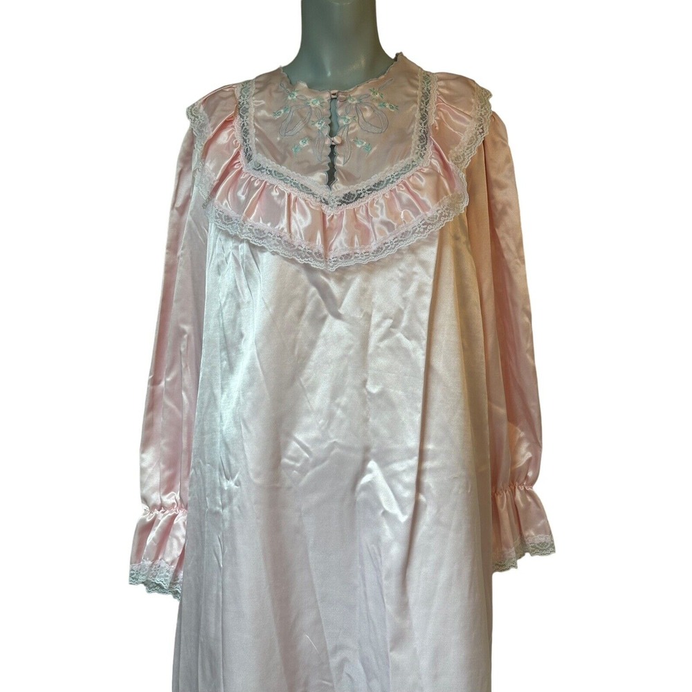 Vtg Jaclyn Smith L Pink Long Sleeve Nightgown Lace Accents Embroidered Modest - Picture 2 of 11